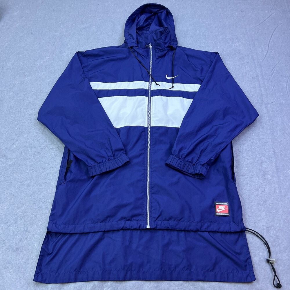 VTG Nike Jacket Men's Large Blue Big Swoosh Hooded‎ Full Zip Long Windbreaker